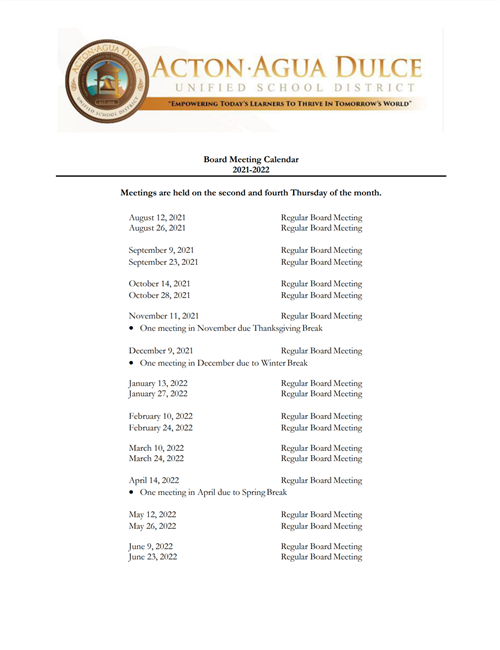 Board Meeting Dates 21 22 Regular Board Meeting Calendar Schedule