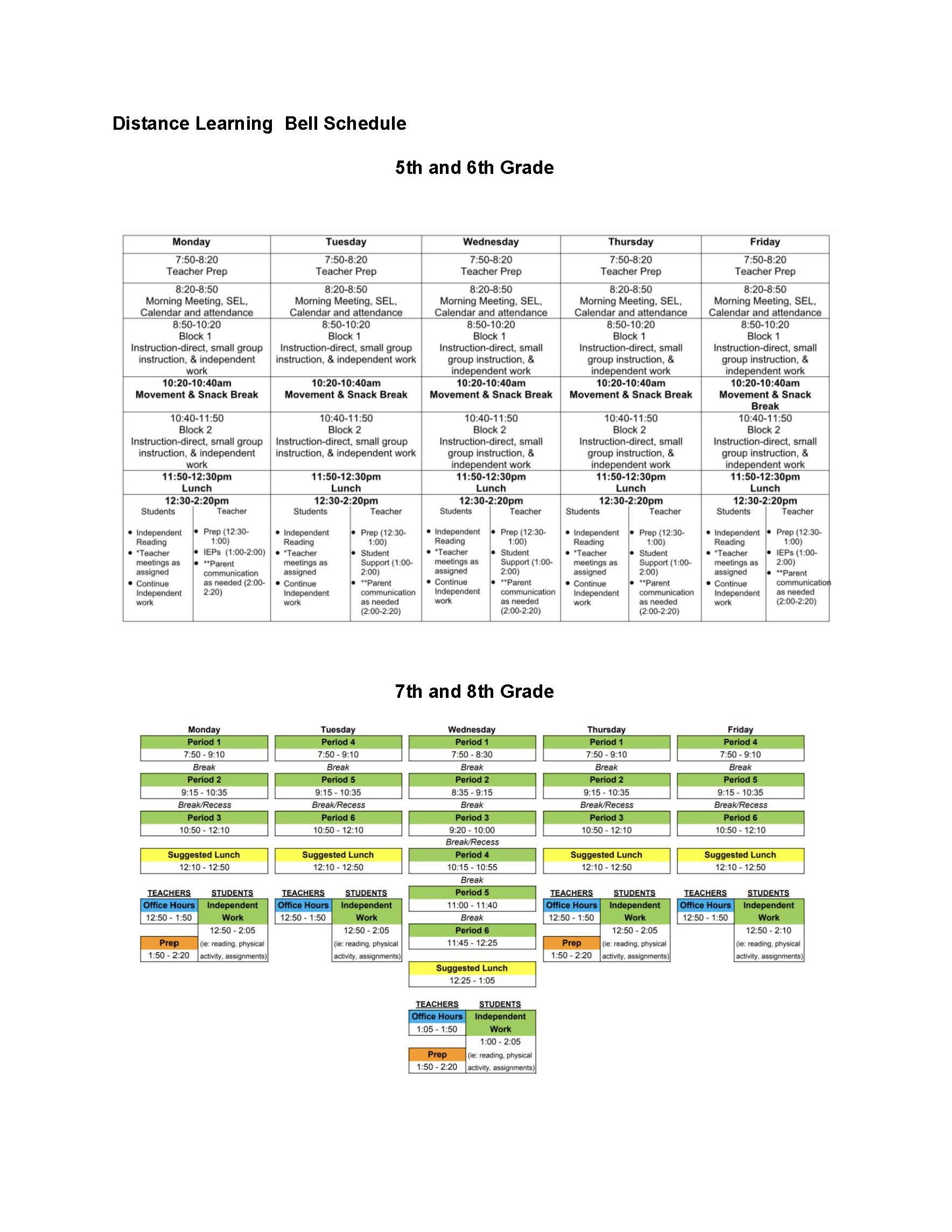 HDS Distance Learning Schedule